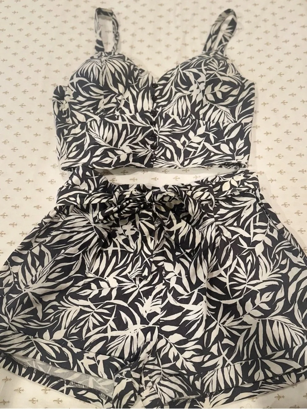Black and White Leaf Print Crop Top and Shorts Set
